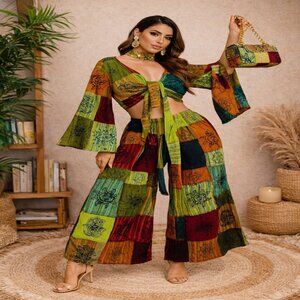Women OS Boho Patchwork Matching Two Piece Set Wide Leg Pants Tie Front Crop Top